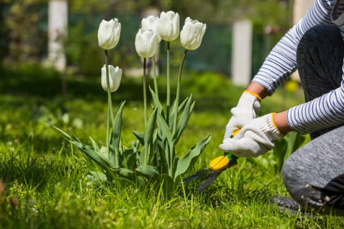 Landscapers assessing safety on a garden maintenance site in Brompton
